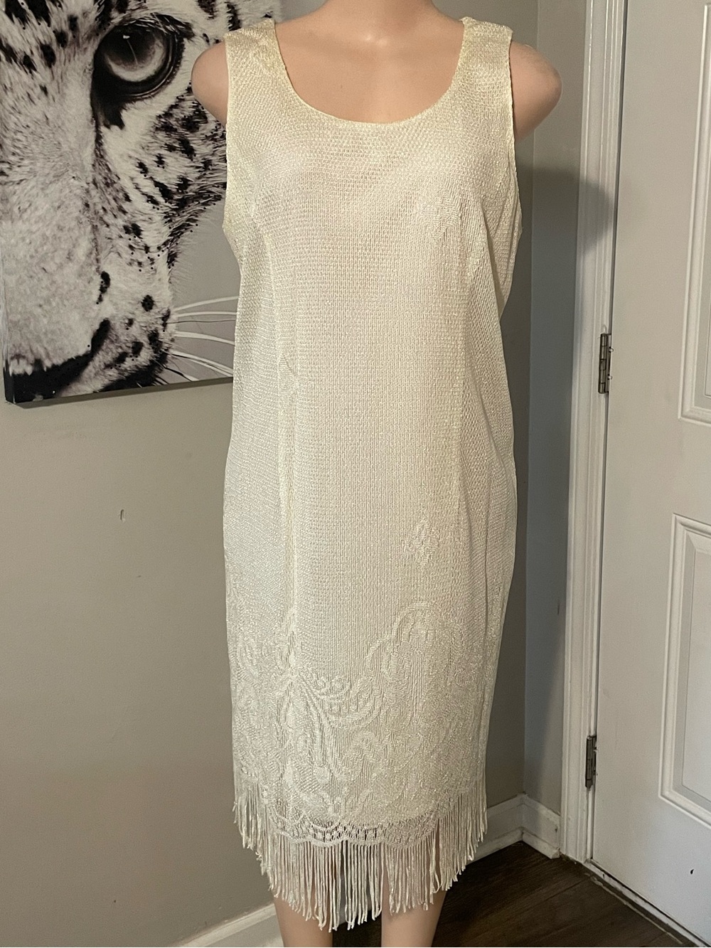 Onyx nite sleeveless Vintage ivory scoop neck flapper insp dress fringe hem 16